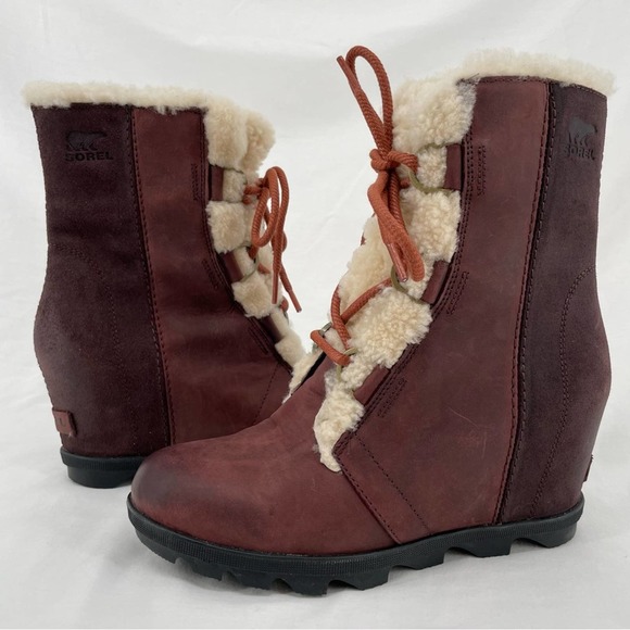 Sorel Joan of Arctic II Cattail Leather Suede Shearling Trim Wedge Mid Boots 9 - Picture 2 of 16